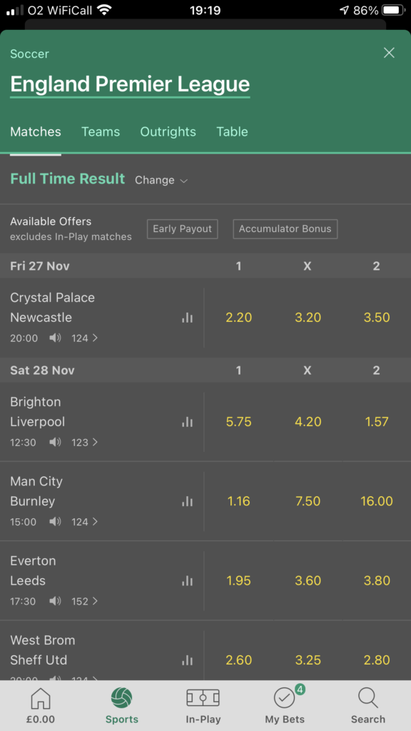 Mobile view of placing an accumulator bet