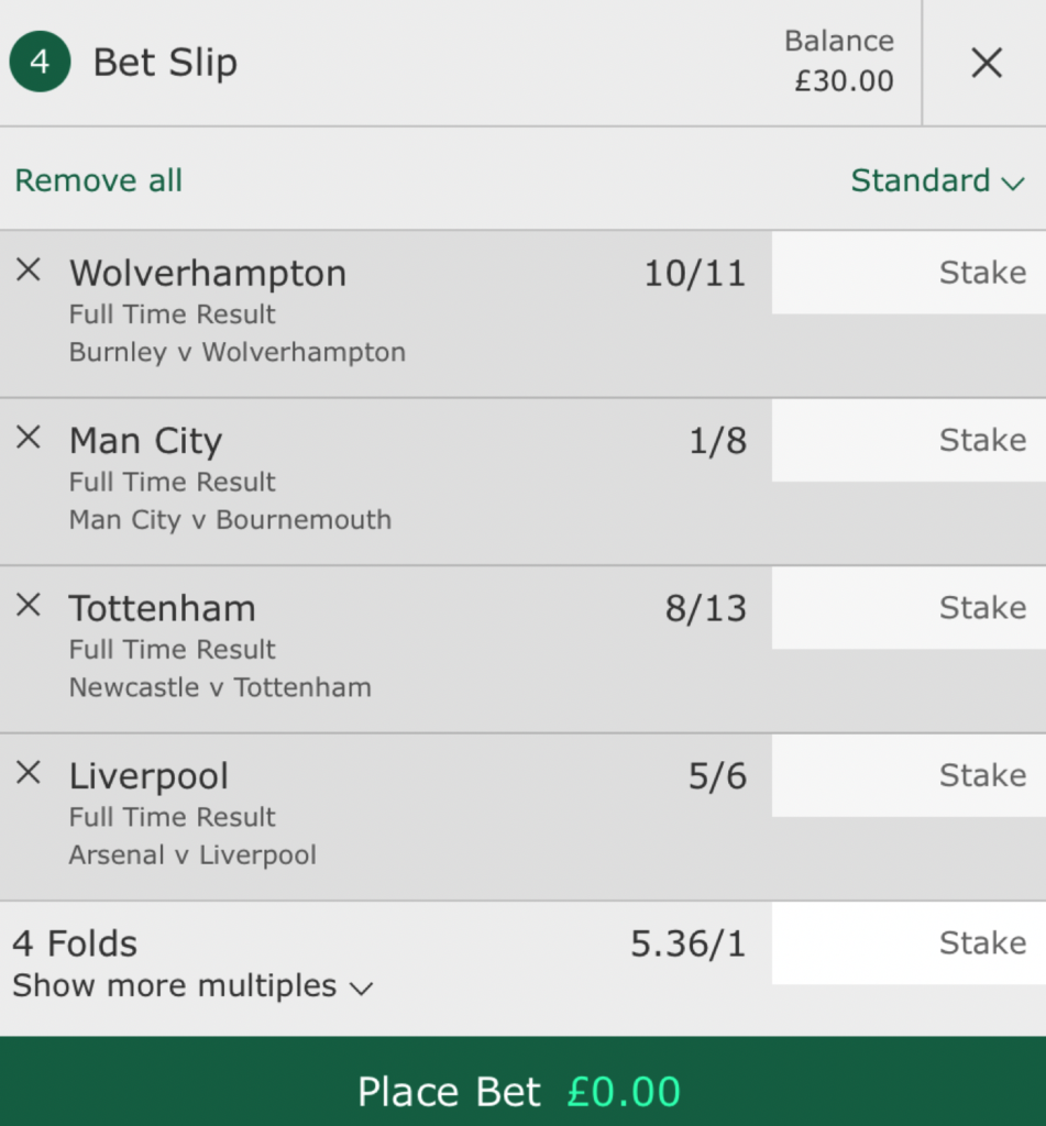 Betting slip for accumulator